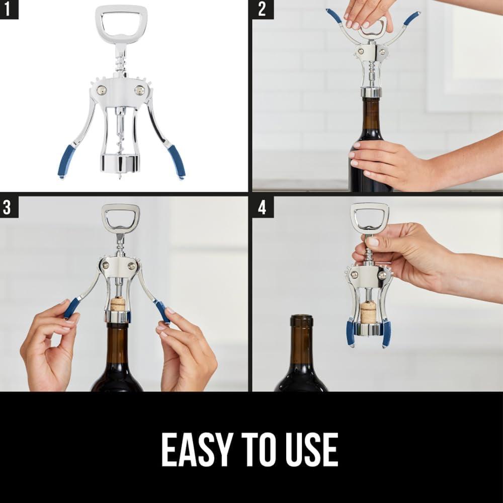 imageGORILLA GRIP BPAFree Premium Wine Opener Heavy Duty Zinc Alloy Wing Corkscrew Multifunctional Bottle Openers Remove Corks Caps Easy Use Sharp Cork Screw Dishwasher Safe Holiday Essential BlackBlue