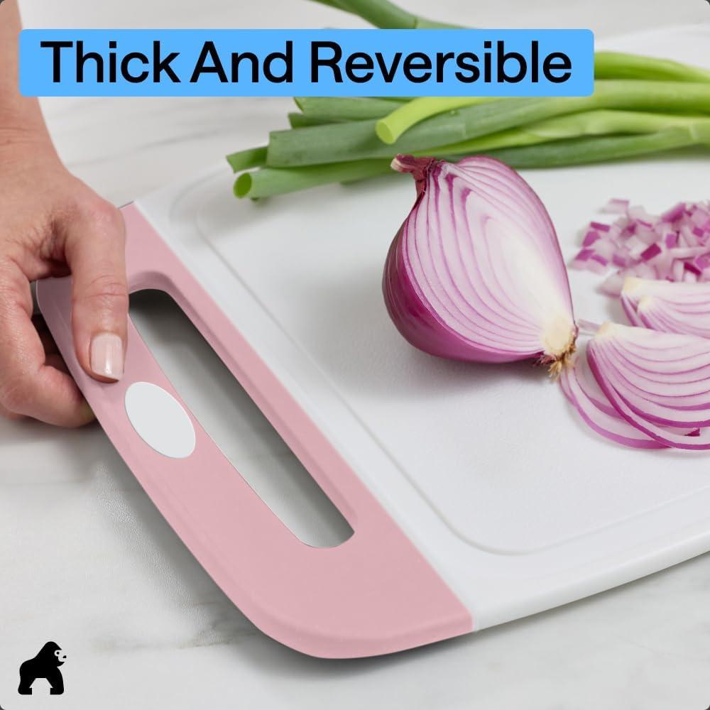imageGORILLA GRIP BPAFree Reversible Kitchen Cutting Board Set of 3 US Designed Nonporous Juice Grooves Catch Liquid Slip Resistant Border Dishwasher Safe Durable Large Food Chopping Boards BlackPinkWhite