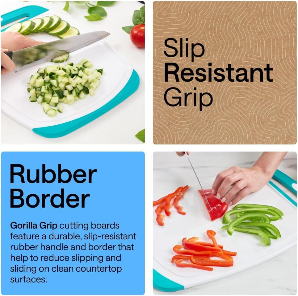 imageGORILLA GRIP BPAFree Reversible Kitchen Cutting Board Set of 3 US Designed Nonporous Juice Grooves Catch Liquid Slip Resistant Border Dishwasher Safe Durable Large Food Chopping Boards AquaTurquoiseWhite