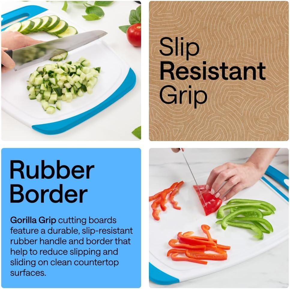 imageGORILLA GRIP BPAFree Reversible Kitchen Cutting Board Set of 3 US Designed Nonporous Juice Grooves Catch Liquid Slip Resistant Border Dishwasher Safe Durable Large Food Chopping Boards BlackGrayBlackAqua