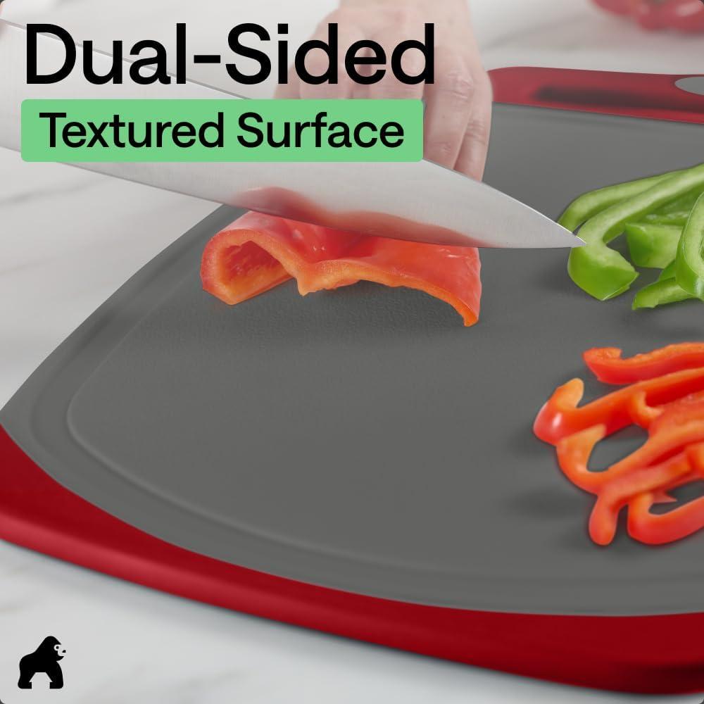 imageGORILLA GRIP BPAFree Reversible Kitchen Cutting Board Set of 3 US Designed Nonporous Juice Grooves Catch Liquid Slip Resistant Border Dishwasher Safe Durable Large Food Chopping Boards BlackGrayRed