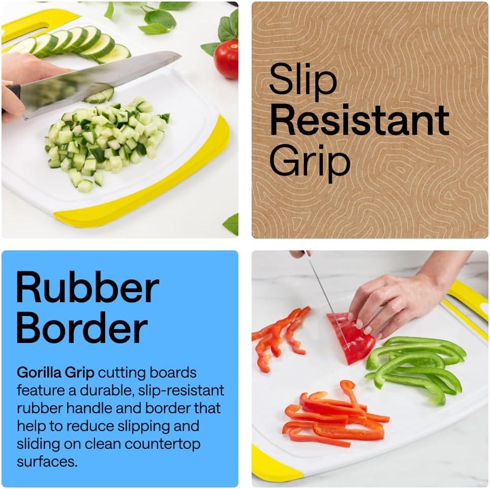 imageGORILLA GRIP BPAFree Reversible Kitchen Cutting Board Set of 3 US Designed Nonporous Juice Grooves Catch Liquid Slip Resistant Border Dishwasher Safe Durable Large Food Chopping Boards BlackLemonWhite