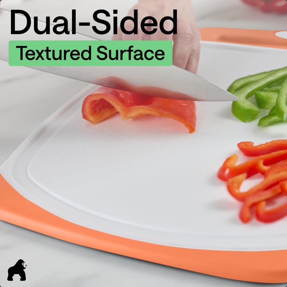 imageGORILLA GRIP BPAFree Reversible Kitchen Cutting Board Set of 3 US Designed Nonporous Juice Grooves Catch Liquid Slip Resistant Border Dishwasher Safe Durable Large Food Chopping Boards BlackLimeOrangeLemon