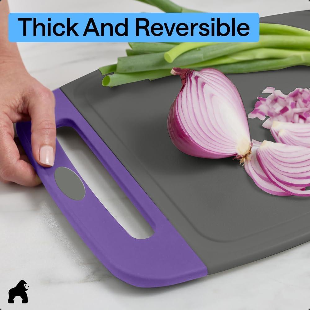 imageGORILLA GRIP BPAFree Reversible Kitchen Cutting Board Set of 3 US Designed Nonporous Juice Grooves Catch Liquid Slip Resistant Border Dishwasher Safe Durable Large Food Chopping Boards BlackGrayPurple