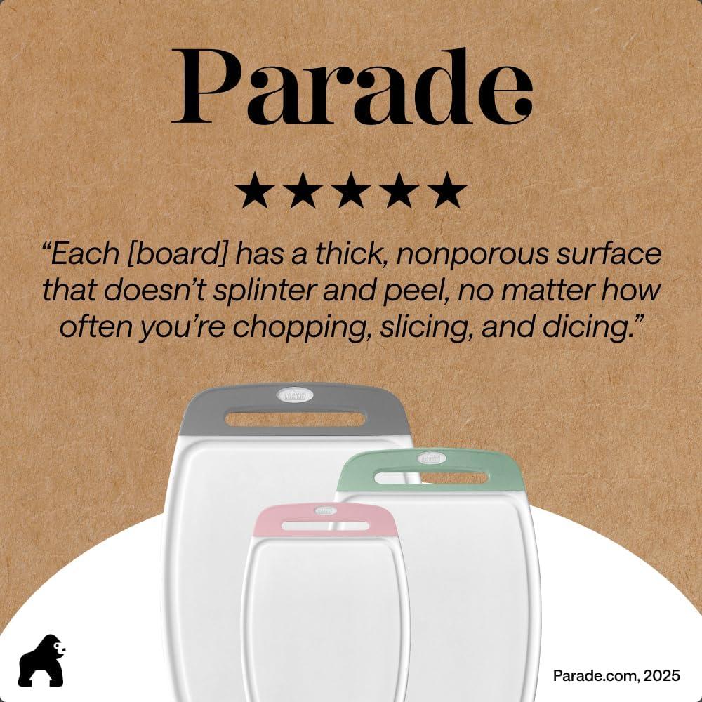 imageGORILLA GRIP BPAFree Reversible Kitchen Cutting Board Set of 3 US Designed Nonporous Juice Grooves Catch Liquid Slip Resistant Border Dishwasher Safe Durable Large Food Chopping Boards BlackGrayMintLight Pink
