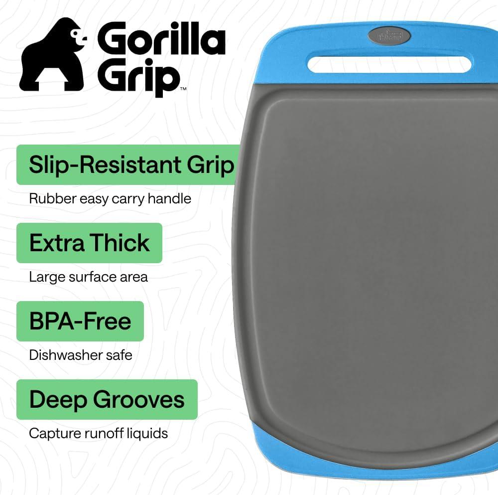 imageGORILLA GRIP BPAFree Reversible Kitchen Cutting Board Set of 3 US Designed Nonporous Juice Grooves Catch Liquid Slip Resistant Border Dishwasher Safe Durable Large Food Chopping Boards BlackGrayAqua