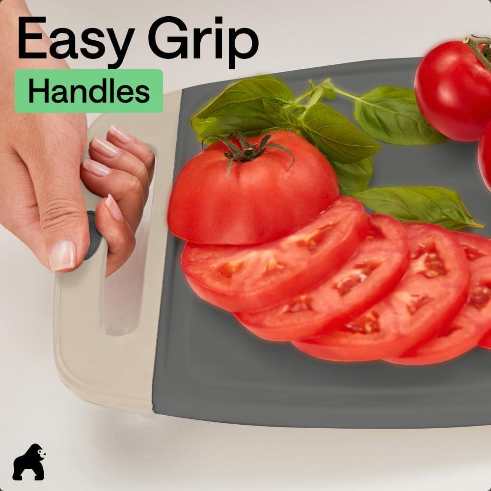 imageGORILLA GRIP BPAFree Reversible Kitchen Cutting Board Set of 3 US Designed Nonporous Juice Grooves Catch Liquid Slip Resistant Border Dishwasher Safe Durable Large Food Chopping Boards BlackGrayAlmond