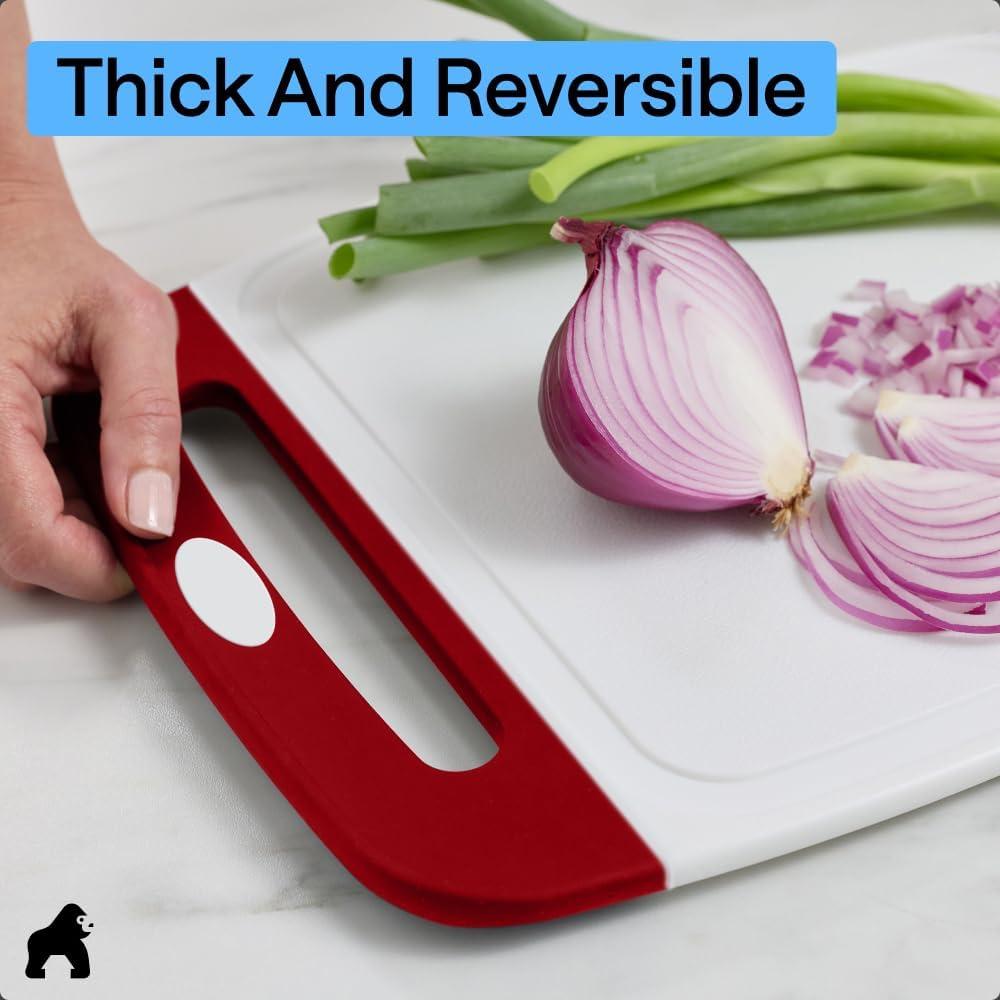 imageGORILLA GRIP BPAFree Reversible Kitchen Cutting Board Set of 3 US Designed Nonporous Juice Grooves Catch Liquid Slip Resistant Border Dishwasher Safe Durable Large Food Chopping Boards BlackRedWhite