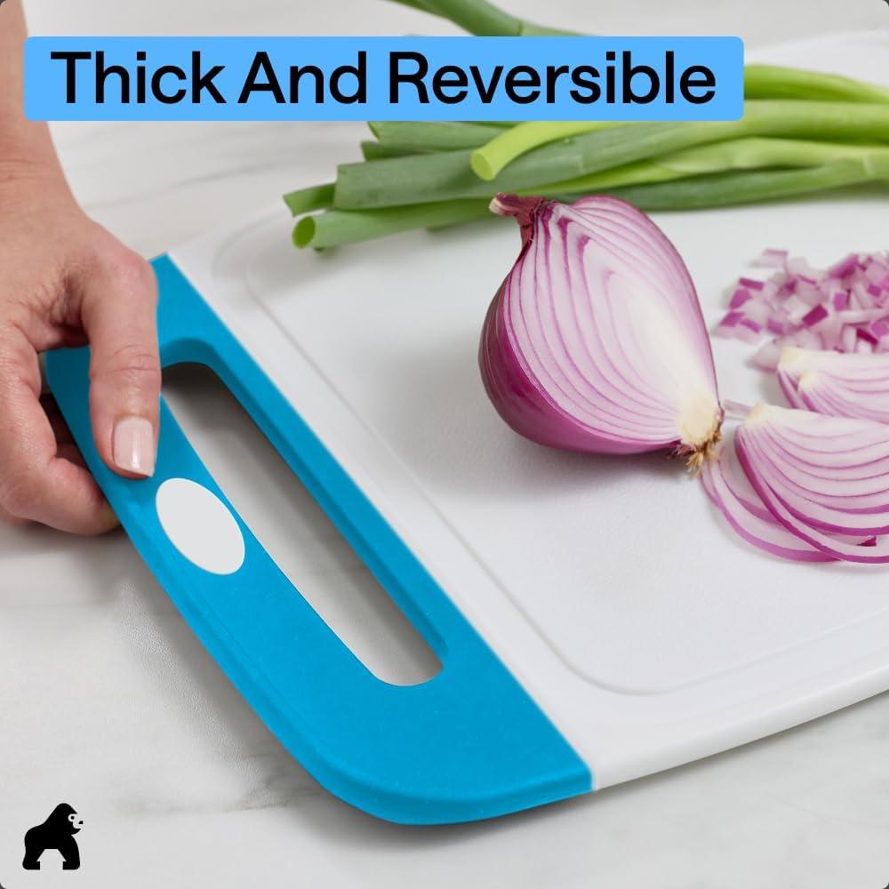 imageGORILLA GRIP BPAFree Reversible Kitchen Cutting Board Set of 3 US Designed Nonporous Juice Grooves Catch Liquid Slip Resistant Border Dishwasher Safe Durable Large Food Chopping Boards BlackGrayBlackAqua