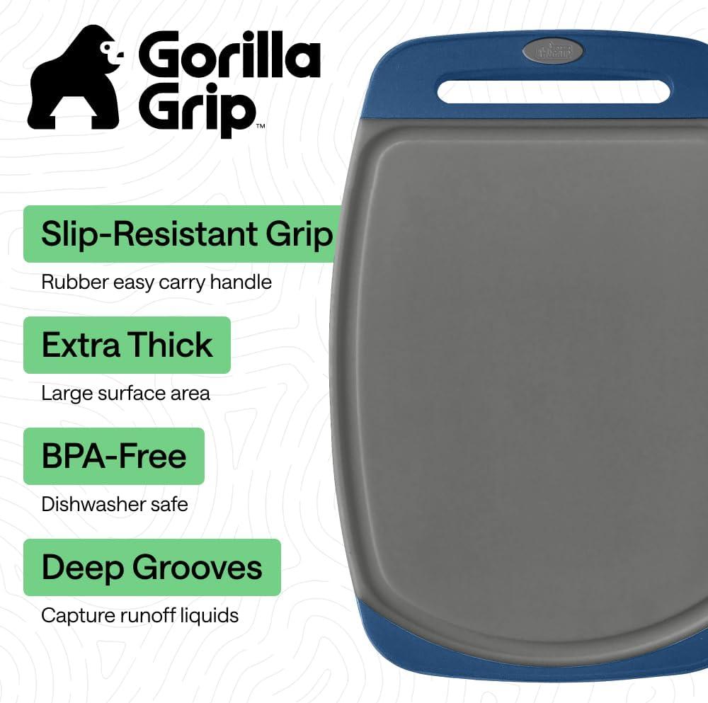 imageGORILLA GRIP BPAFree Reversible Kitchen Cutting Board Set of 3 US Designed Nonporous Juice Grooves Catch Liquid Slip Resistant Border Dishwasher Safe Durable Large Food Chopping Boards BlackGrayBlue