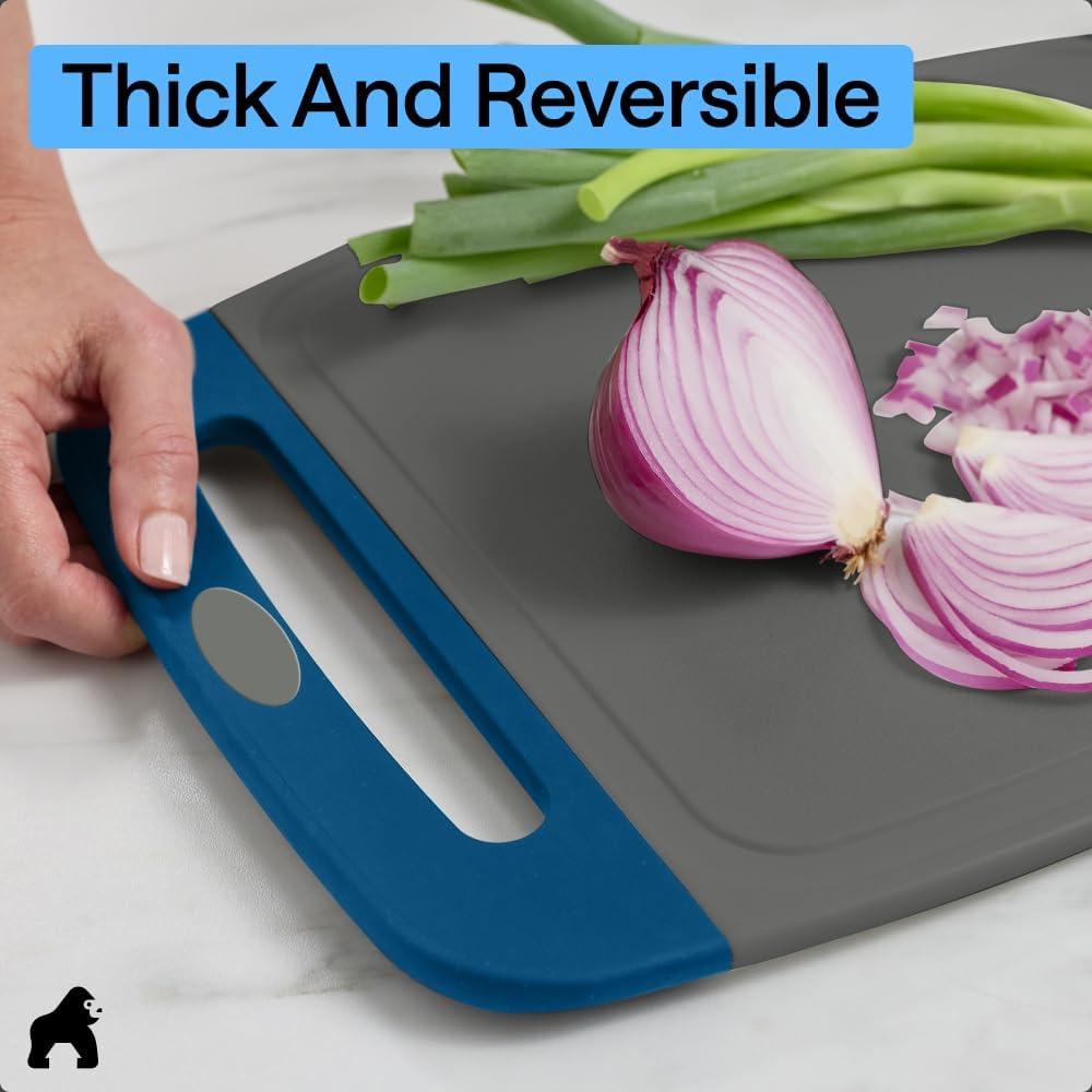 imageGORILLA GRIP BPAFree Reversible Kitchen Cutting Board Set of 3 US Designed Nonporous Juice Grooves Catch Liquid Slip Resistant Border Dishwasher Safe Durable Large Food Chopping Boards BlackGrayBlue
