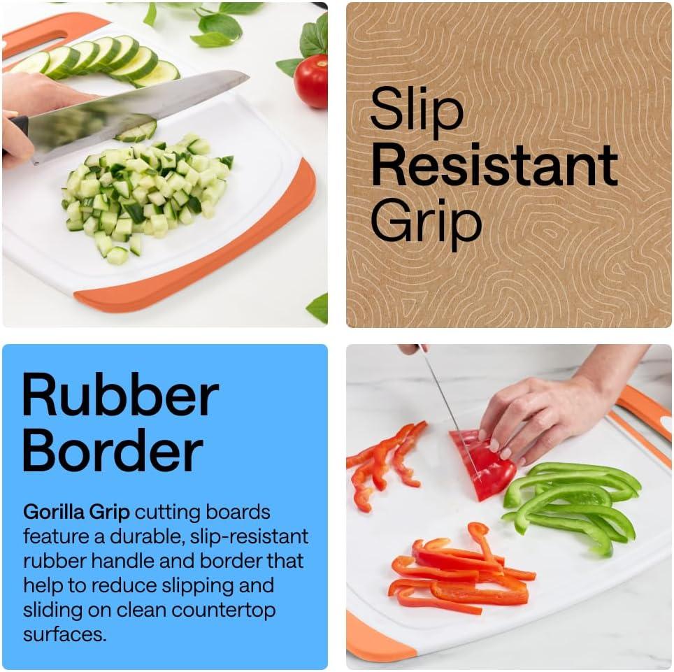 imageGORILLA GRIP BPAFree Reversible Kitchen Cutting Board Set of 3 US Designed Nonporous Juice Grooves Catch Liquid Slip Resistant Border Dishwasher Safe Durable Large Food Chopping Boards BlackLimeOrangeLemon