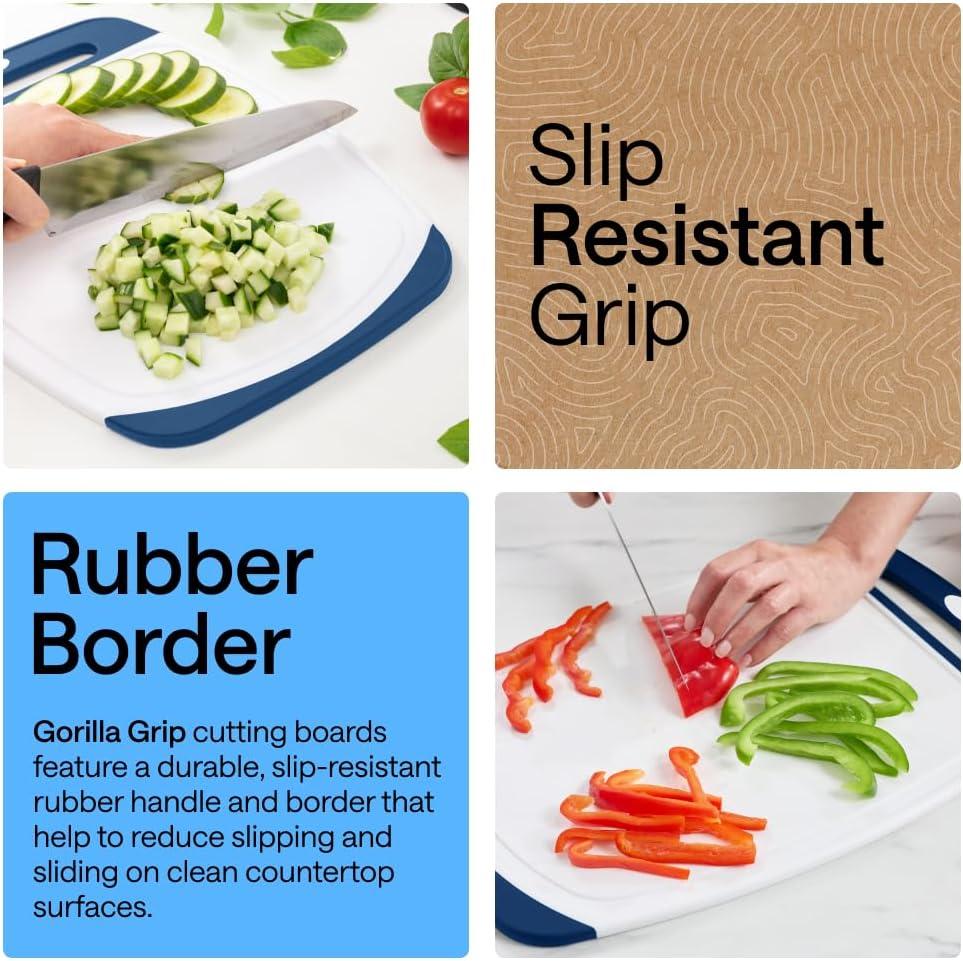 imageGORILLA GRIP BPAFree Reversible Kitchen Cutting Board Set of 3 US Designed Nonporous Juice Grooves Catch Liquid Slip Resistant Border Dishwasher Safe Durable Large Food Chopping Boards BlackRedBlueLime