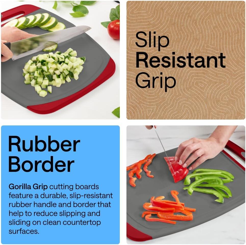 imageGORILLA GRIP BPAFree Reversible Kitchen Cutting Board Set of 3 US Designed Nonporous Juice Grooves Catch Liquid Slip Resistant Border Dishwasher Safe Durable Large Food Chopping Boards BlackGrayRed