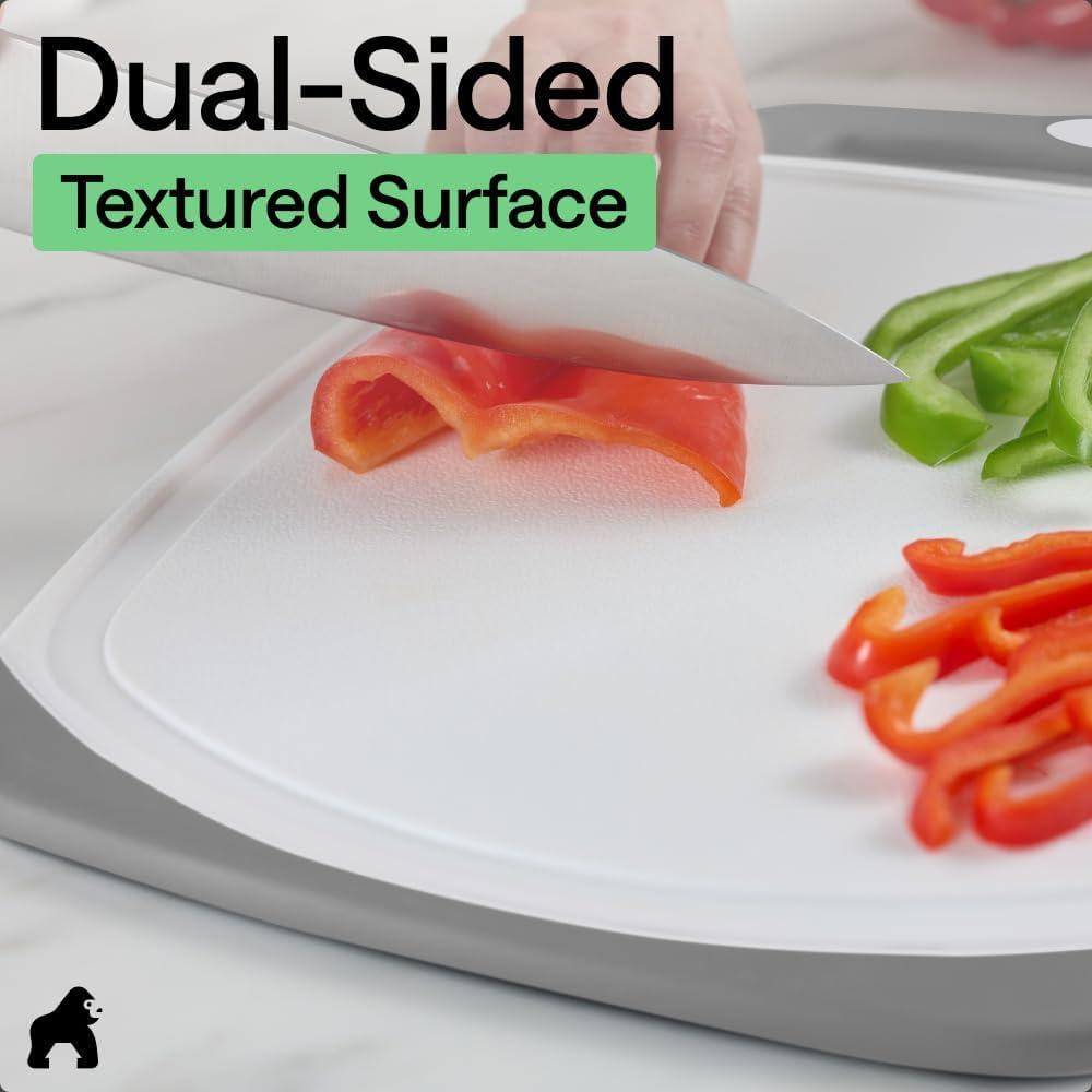 imageGORILLA GRIP BPAFree Reversible Kitchen Cutting Board Set of 3 US Designed Nonporous Juice Grooves Catch Liquid Slip Resistant Border Dishwasher Safe Durable Large Food Chopping Boards BlackGrayWhite