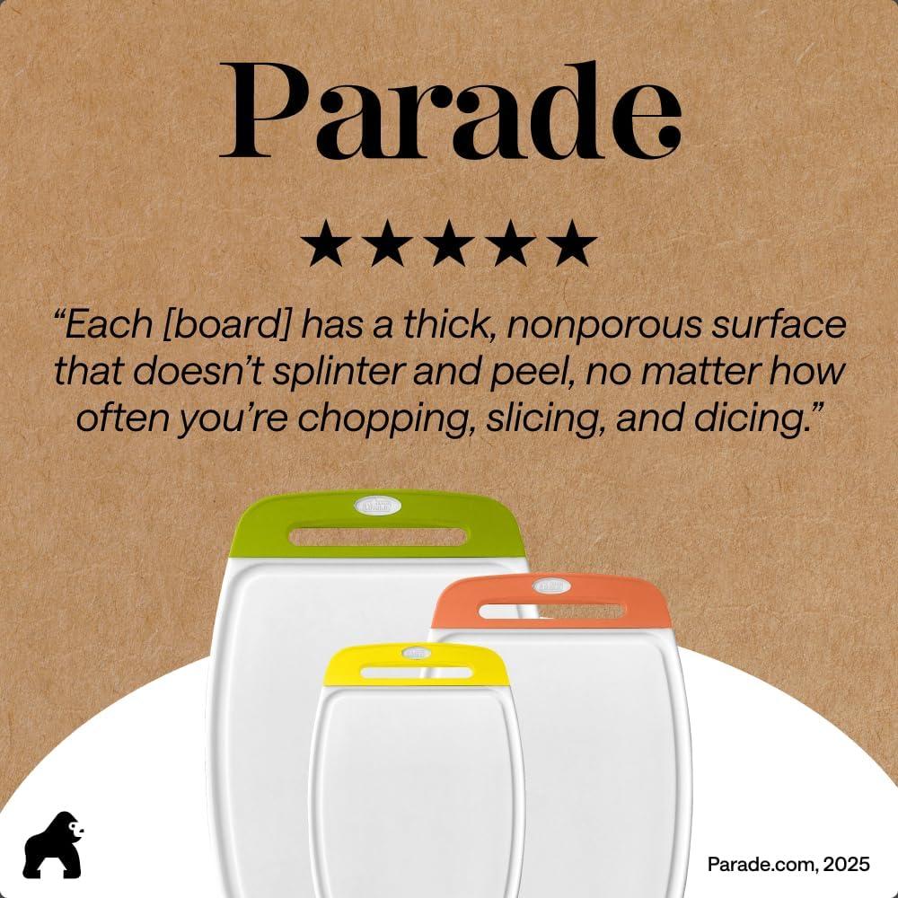 imageGORILLA GRIP BPAFree Reversible Kitchen Cutting Board Set of 3 US Designed Nonporous Juice Grooves Catch Liquid Slip Resistant Border Dishwasher Safe Durable Large Food Chopping Boards BlackLimeOrangeLemon