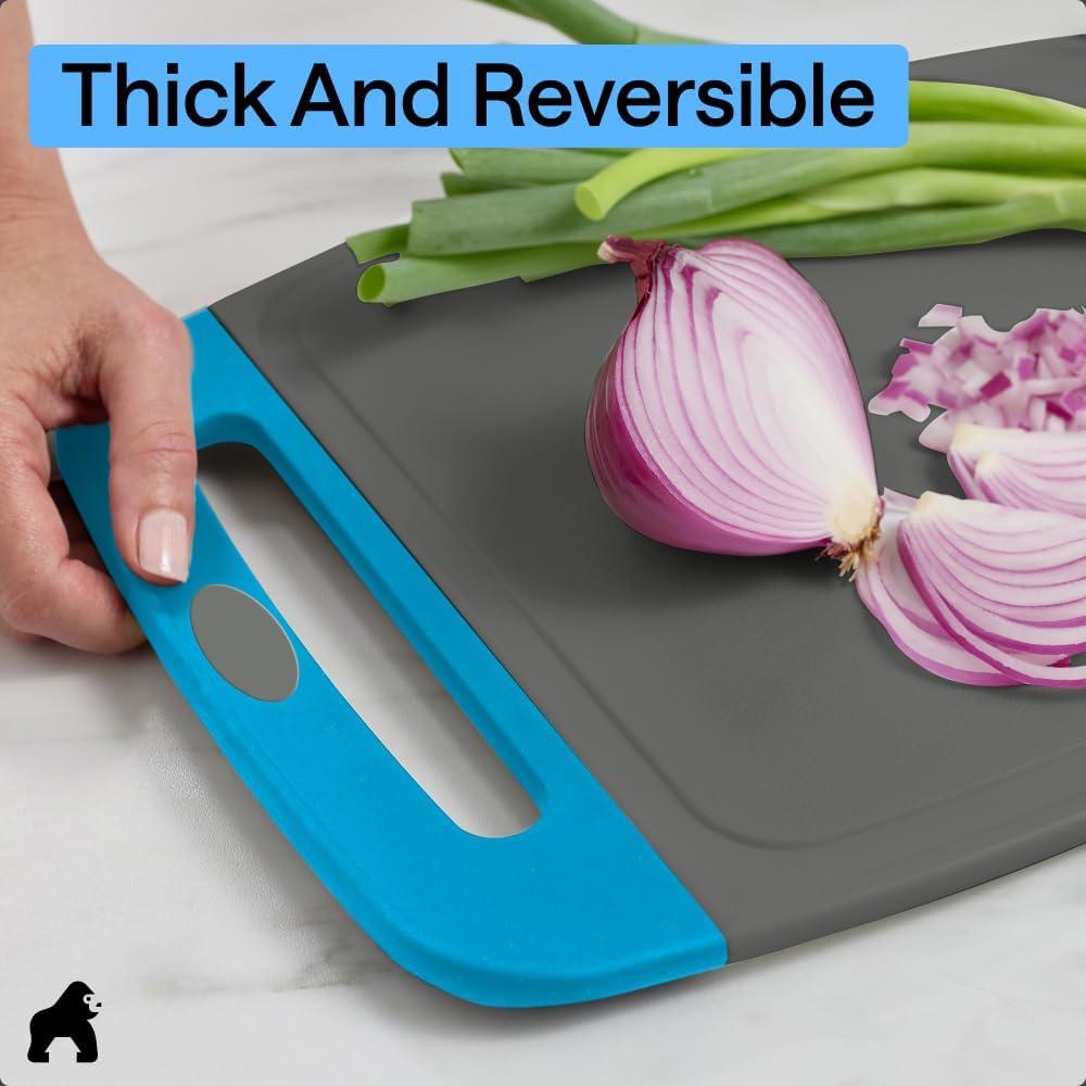 imageGORILLA GRIP BPAFree Reversible Kitchen Cutting Board Set of 3 US Designed Nonporous Juice Grooves Catch Liquid Slip Resistant Border Dishwasher Safe Durable Large Food Chopping Boards BlackGrayAqua