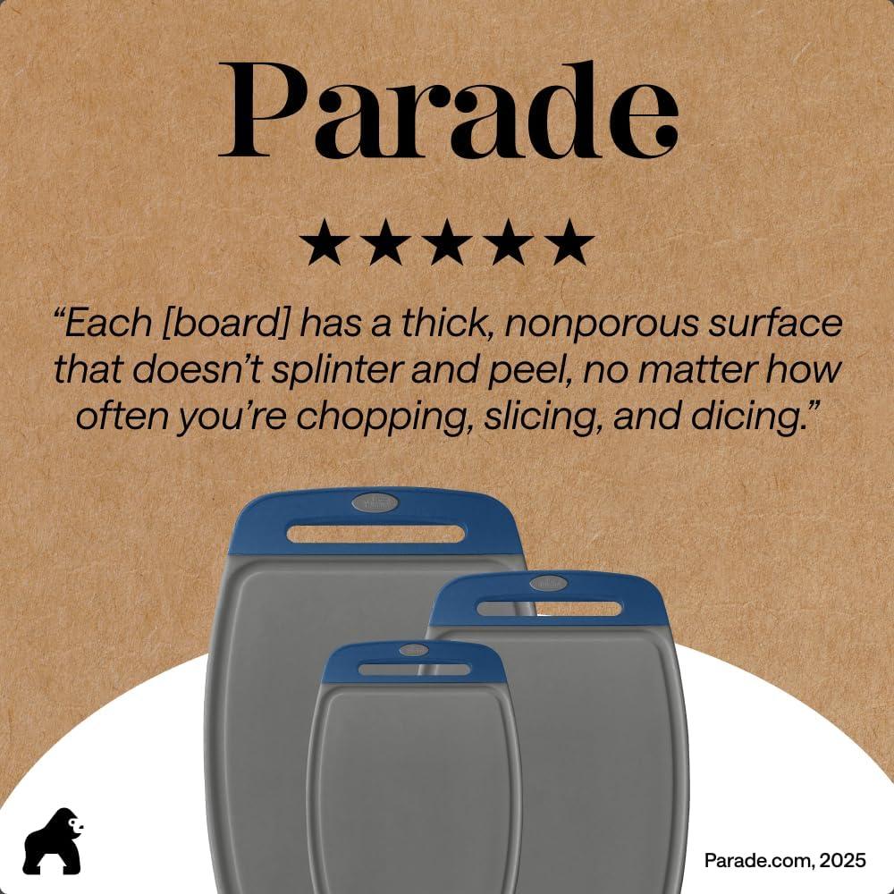 imageGORILLA GRIP BPAFree Reversible Kitchen Cutting Board Set of 3 US Designed Nonporous Juice Grooves Catch Liquid Slip Resistant Border Dishwasher Safe Durable Large Food Chopping Boards BlackGrayBlue