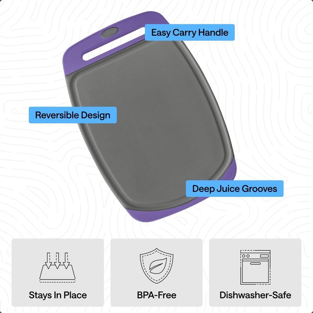 imageGORILLA GRIP BPAFree Reversible Kitchen Cutting Board Set of 3 US Designed Nonporous Juice Grooves Catch Liquid Slip Resistant Border Dishwasher Safe Durable Large Food Chopping Boards BlackGrayPurple