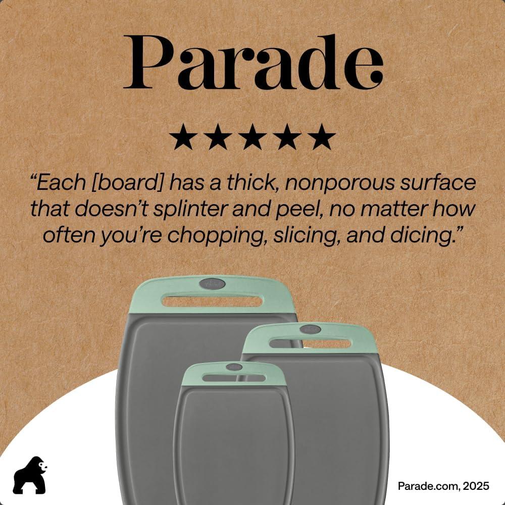 imageGORILLA GRIP BPAFree Reversible Kitchen Cutting Board Set of 3 US Designed Nonporous Juice Grooves Catch Liquid Slip Resistant Border Dishwasher Safe Durable Large Food Chopping Boards BlackGrayMint