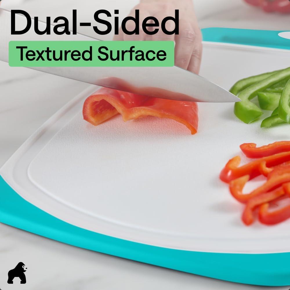 imageGORILLA GRIP BPAFree Reversible Kitchen Cutting Board Set of 3 US Designed Nonporous Juice Grooves Catch Liquid Slip Resistant Border Dishwasher Safe Durable Large Food Chopping Boards AquaTurquoiseWhite