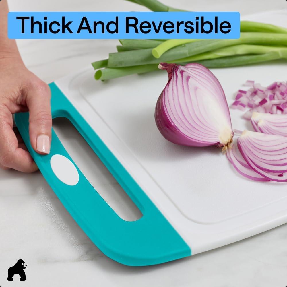 imageGORILLA GRIP BPAFree Reversible Kitchen Cutting Board Set of 3 US Designed Nonporous Juice Grooves Catch Liquid Slip Resistant Border Dishwasher Safe Durable Large Food Chopping Boards AquaTurquoiseWhite