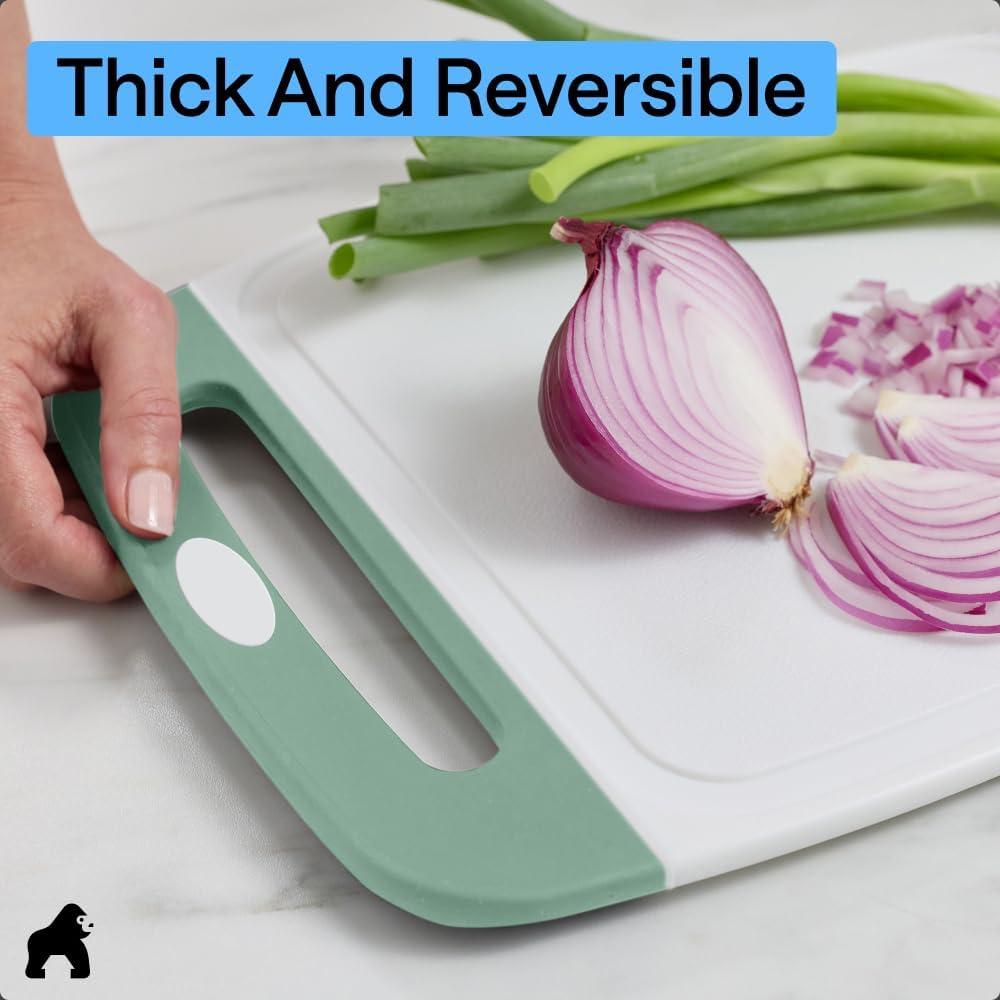 imageGORILLA GRIP BPAFree Reversible Kitchen Cutting Board Set of 3 US Designed Nonporous Juice Grooves Catch Liquid Slip Resistant Border Dishwasher Safe Durable Large Food Chopping Boards BlackGrayMintLight Pink