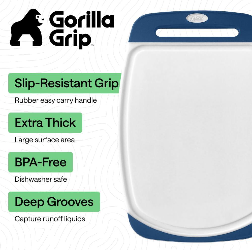 imageGORILLA GRIP BPAFree Reversible Kitchen Cutting Board Set of 3 US Designed Nonporous Juice Grooves Catch Liquid Slip Resistant Border Dishwasher Safe Durable Large Food Chopping Boards BlackRedBlueLime