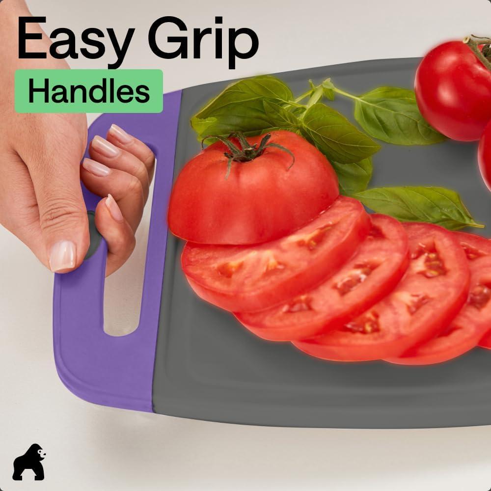 imageGORILLA GRIP BPAFree Reversible Kitchen Cutting Board Set of 3 US Designed Nonporous Juice Grooves Catch Liquid Slip Resistant Border Dishwasher Safe Durable Large Food Chopping Boards BlackGrayPurple