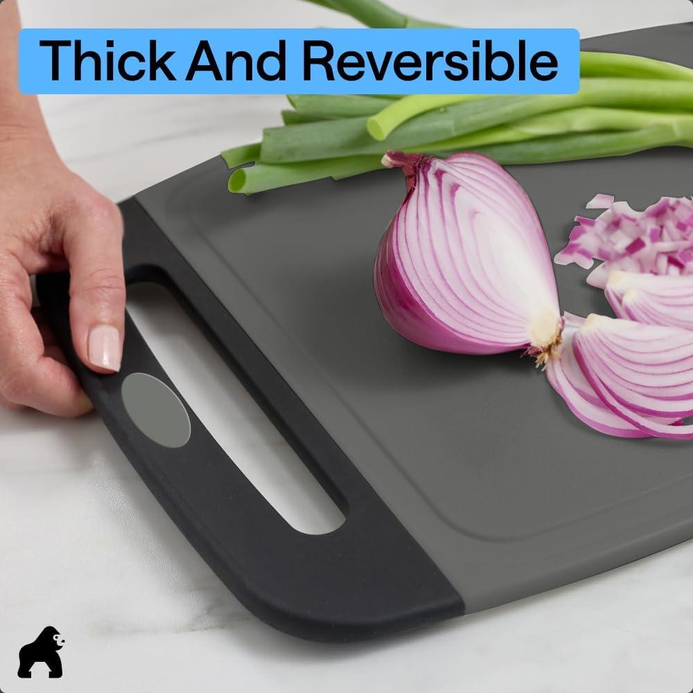 imageGORILLA GRIP BPAFree Reversible Kitchen Cutting Board Set of 3 US Designed Nonporous Juice Grooves Catch Liquid Slip Resistant Border Dishwasher Safe Durable Large Food Chopping Boards BlackGrayBlack