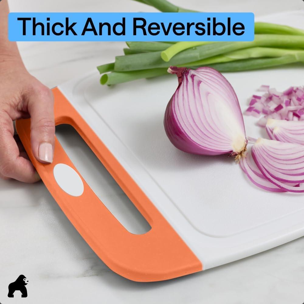 imageGORILLA GRIP BPAFree Reversible Kitchen Cutting Board Set of 3 US Designed Nonporous Juice Grooves Catch Liquid Slip Resistant Border Dishwasher Safe Durable Large Food Chopping Boards BlackLimeOrangeLemon