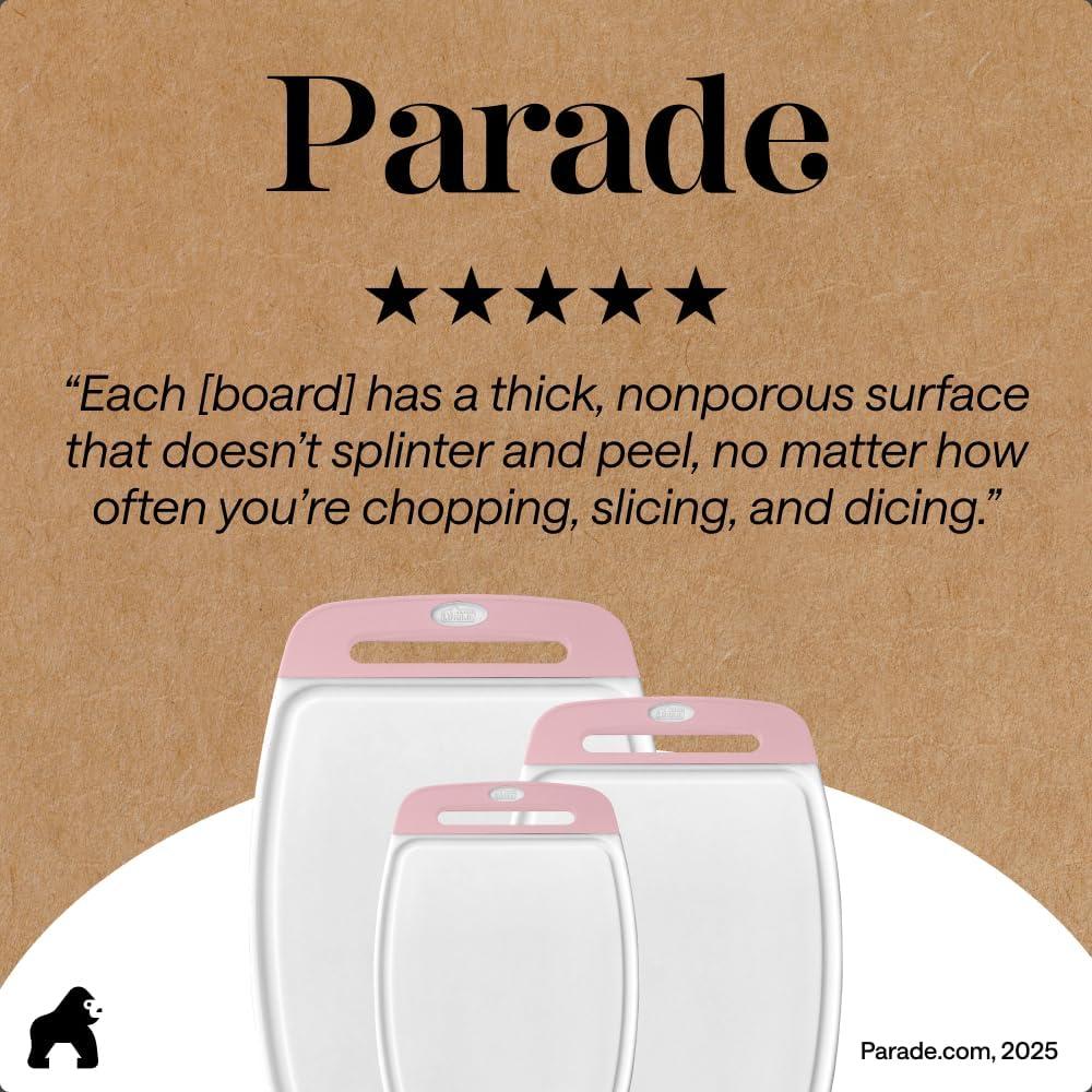 imageGORILLA GRIP BPAFree Reversible Kitchen Cutting Board Set of 3 US Designed Nonporous Juice Grooves Catch Liquid Slip Resistant Border Dishwasher Safe Durable Large Food Chopping Boards BlackPinkWhite