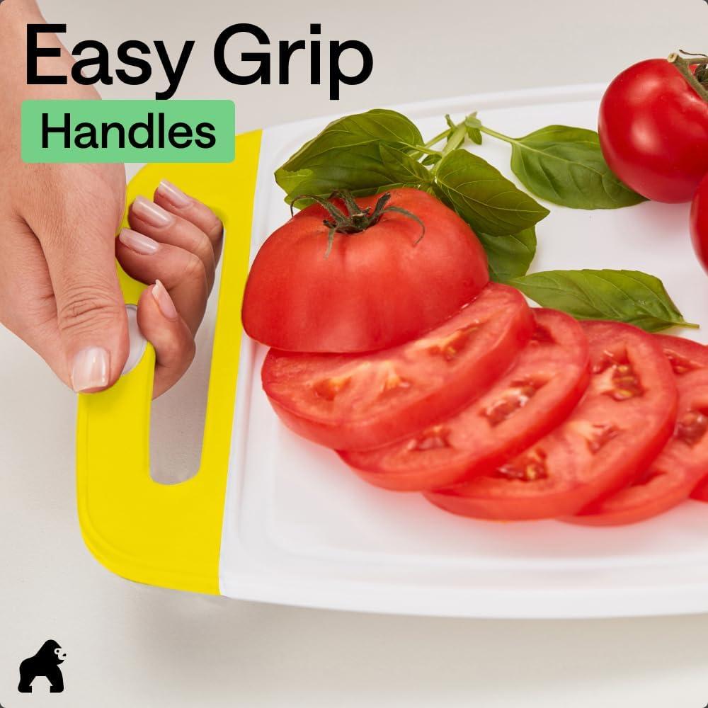 imageGORILLA GRIP BPAFree Reversible Kitchen Cutting Board Set of 3 US Designed Nonporous Juice Grooves Catch Liquid Slip Resistant Border Dishwasher Safe Durable Large Food Chopping Boards BlackLemonWhite