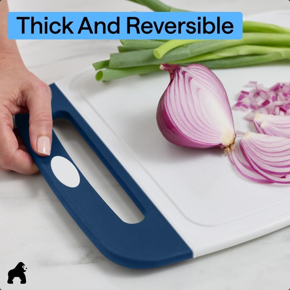 imageGORILLA GRIP BPAFree Reversible Kitchen Cutting Board Set of 3 US Designed Nonporous Juice Grooves Catch Liquid Slip Resistant Border Dishwasher Safe Durable Large Food Chopping Boards BlackRedBlueLime