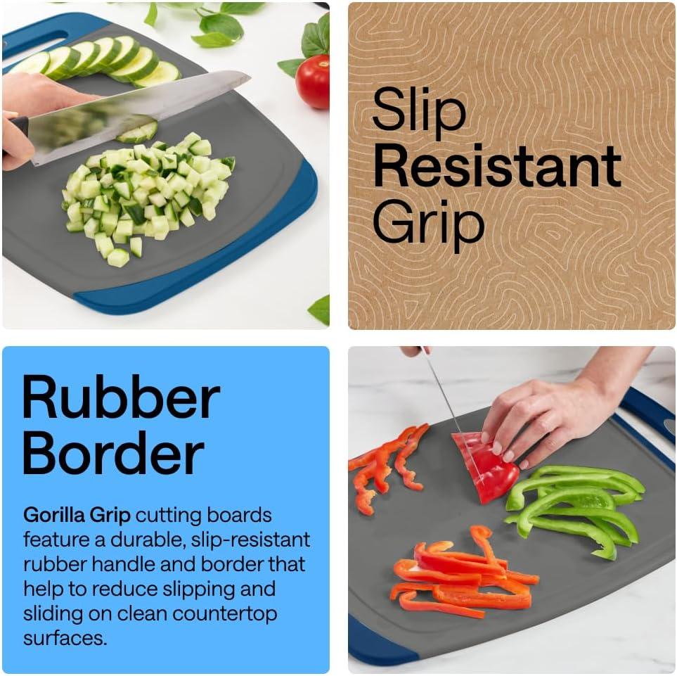imageGORILLA GRIP BPAFree Reversible Kitchen Cutting Board Set of 3 US Designed Nonporous Juice Grooves Catch Liquid Slip Resistant Border Dishwasher Safe Durable Large Food Chopping Boards BlackGrayBlue