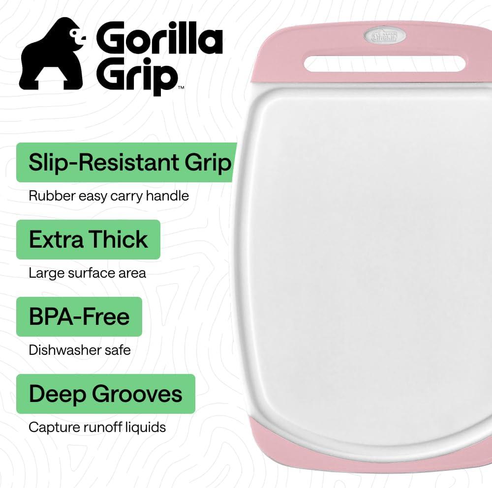 imageGORILLA GRIP BPAFree Reversible Kitchen Cutting Board Set of 3 US Designed Nonporous Juice Grooves Catch Liquid Slip Resistant Border Dishwasher Safe Durable Large Food Chopping Boards BlackPinkWhite