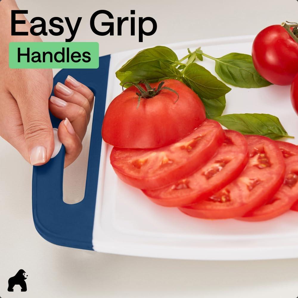 imageGORILLA GRIP BPAFree Reversible Kitchen Cutting Board Set of 3 US Designed Nonporous Juice Grooves Catch Liquid Slip Resistant Border Dishwasher Safe Durable Large Food Chopping Boards BlackRedBlueLime