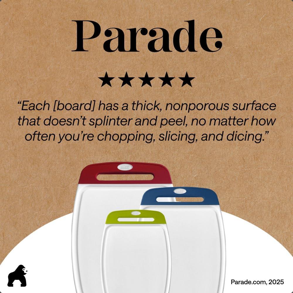 imageGORILLA GRIP BPAFree Reversible Kitchen Cutting Board Set of 3 US Designed Nonporous Juice Grooves Catch Liquid Slip Resistant Border Dishwasher Safe Durable Large Food Chopping Boards BlackRedBlueLime