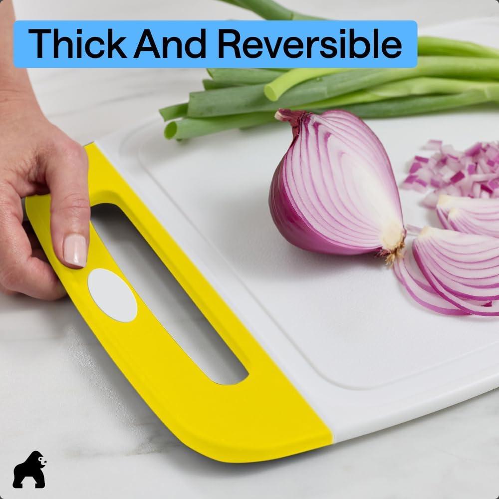 imageGORILLA GRIP BPAFree Reversible Kitchen Cutting Board Set of 3 US Designed Nonporous Juice Grooves Catch Liquid Slip Resistant Border Dishwasher Safe Durable Large Food Chopping Boards BlackLemonWhite