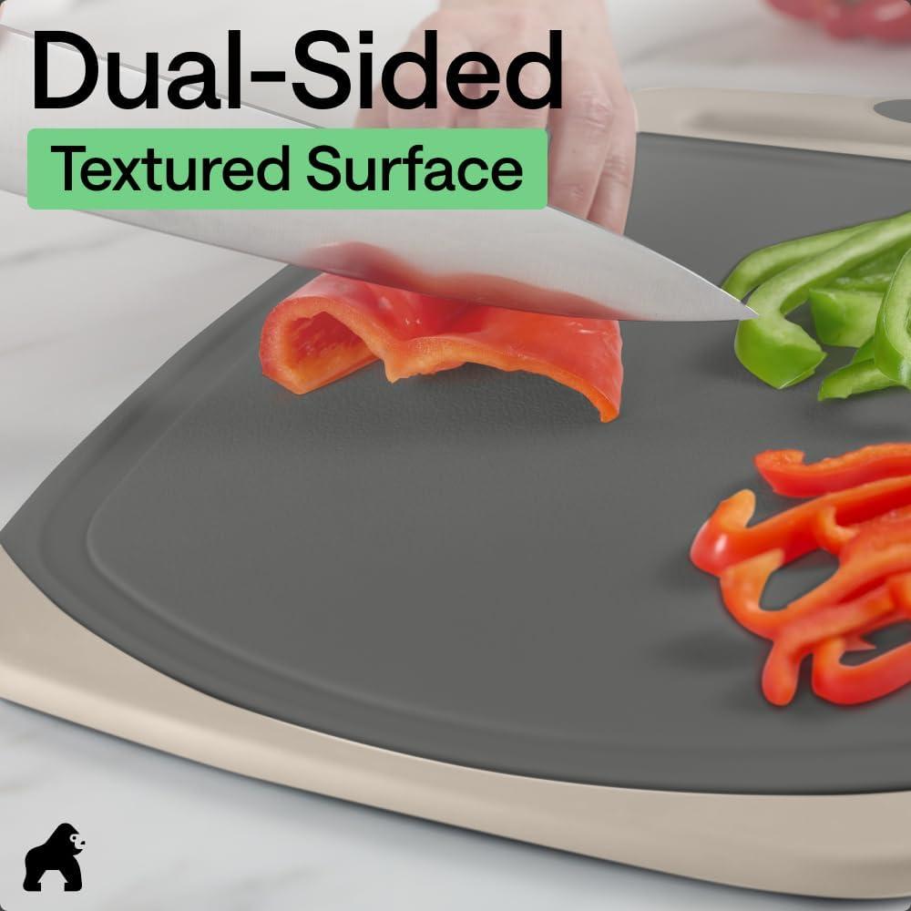 imageGORILLA GRIP BPAFree Reversible Kitchen Cutting Board Set of 3 US Designed Nonporous Juice Grooves Catch Liquid Slip Resistant Border Dishwasher Safe Durable Large Food Chopping Boards BlackGrayAlmond