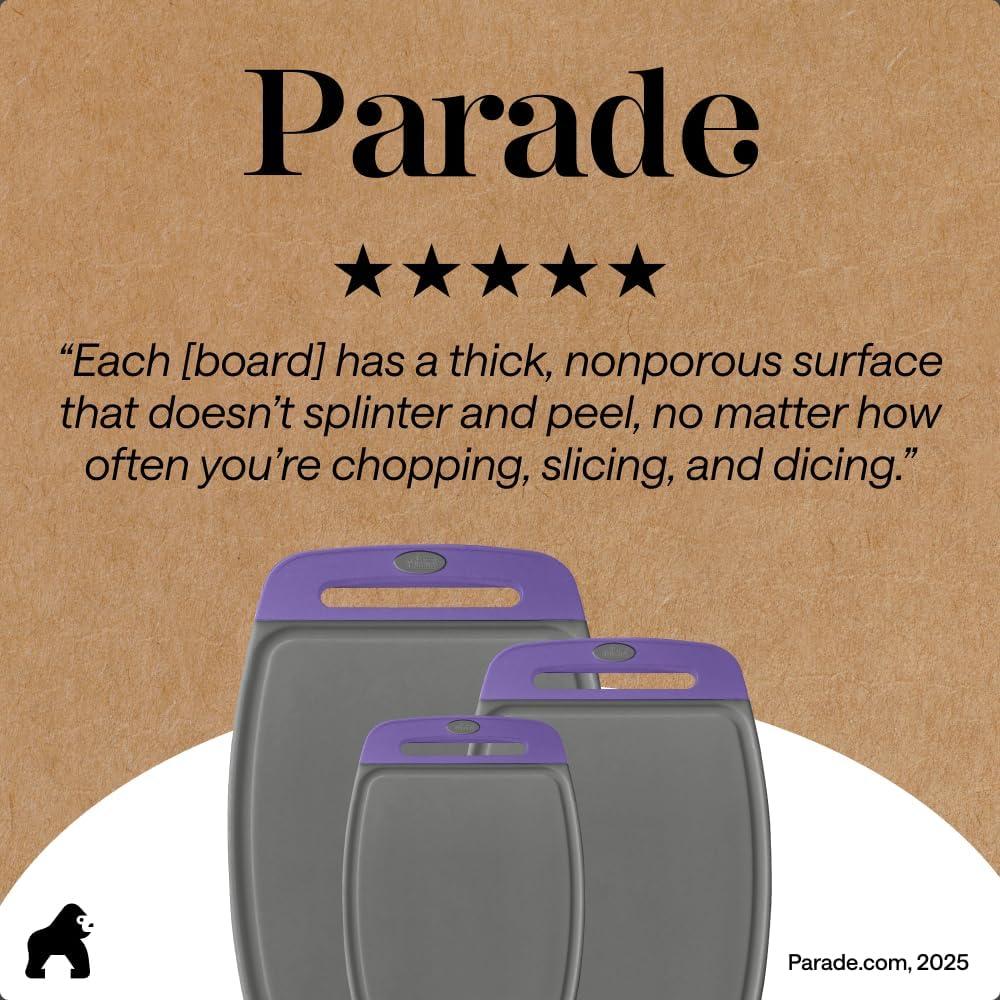 imageGORILLA GRIP BPAFree Reversible Kitchen Cutting Board Set of 3 US Designed Nonporous Juice Grooves Catch Liquid Slip Resistant Border Dishwasher Safe Durable Large Food Chopping Boards BlackGrayPurple
