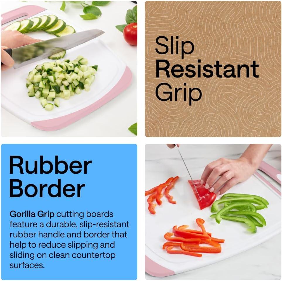 imageGORILLA GRIP BPAFree Reversible Kitchen Cutting Board Set of 3 US Designed Nonporous Juice Grooves Catch Liquid Slip Resistant Border Dishwasher Safe Durable Large Food Chopping Boards BlackPinkWhite