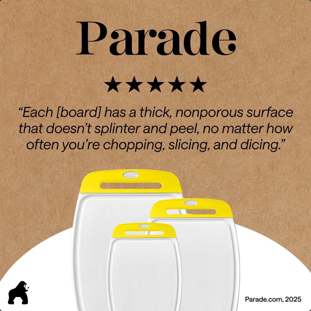imageGORILLA GRIP BPAFree Reversible Kitchen Cutting Board Set of 3 US Designed Nonporous Juice Grooves Catch Liquid Slip Resistant Border Dishwasher Safe Durable Large Food Chopping Boards BlackLemonWhite