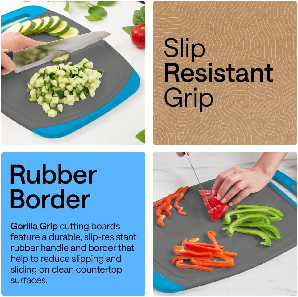imageGORILLA GRIP BPAFree Reversible Kitchen Cutting Board Set of 3 US Designed Nonporous Juice Grooves Catch Liquid Slip Resistant Border Dishwasher Safe Durable Large Food Chopping Boards BlackGrayAqua