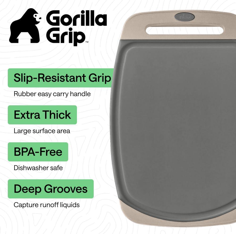 imageGORILLA GRIP BPAFree Reversible Kitchen Cutting Board Set of 3 US Designed Nonporous Juice Grooves Catch Liquid Slip Resistant Border Dishwasher Safe Durable Large Food Chopping Boards BlackGrayAlmond