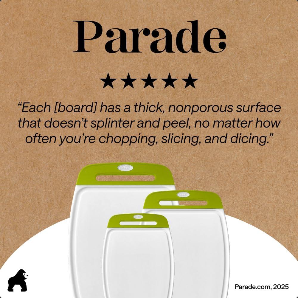 imageGORILLA GRIP BPAFree Reversible Kitchen Cutting Board Set of 3 US Designed Nonporous Juice Grooves Catch Liquid Slip Resistant Border Dishwasher Safe Durable Large Food Chopping Boards BlackLimeWhite