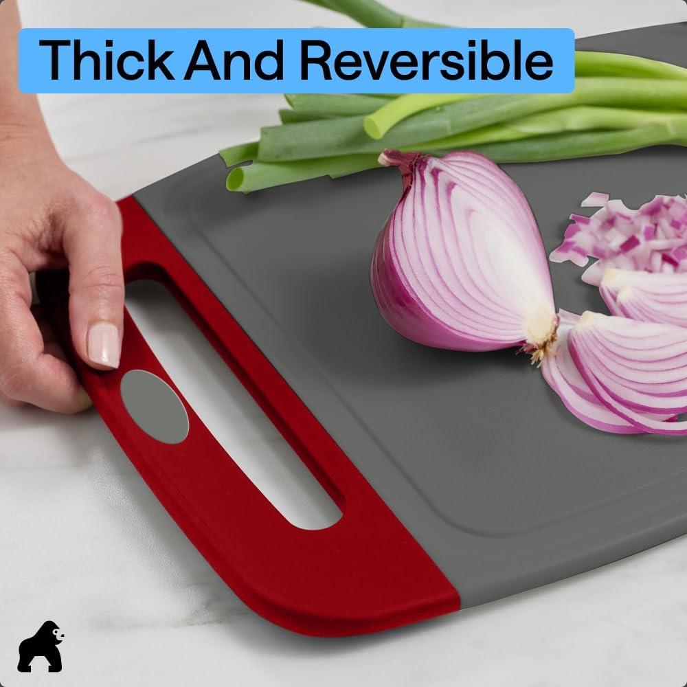 imageGORILLA GRIP BPAFree Reversible Kitchen Cutting Board Set of 3 US Designed Nonporous Juice Grooves Catch Liquid Slip Resistant Border Dishwasher Safe Durable Large Food Chopping Boards BlackGrayRed
