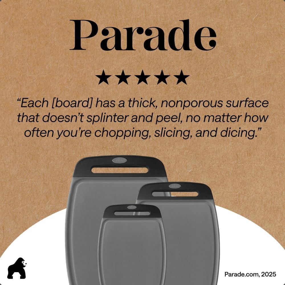 imageGORILLA GRIP BPAFree Reversible Kitchen Cutting Board Set of 3 US Designed Nonporous Juice Grooves Catch Liquid Slip Resistant Border Dishwasher Safe Durable Large Food Chopping Boards BlackGrayBlack