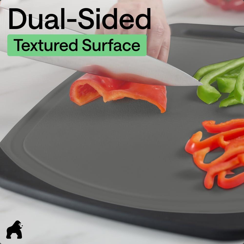 imageGORILLA GRIP BPAFree Reversible Kitchen Cutting Board Set of 3 US Designed Nonporous Juice Grooves Catch Liquid Slip Resistant Border Dishwasher Safe Durable Large Food Chopping Boards BlackGrayBlack