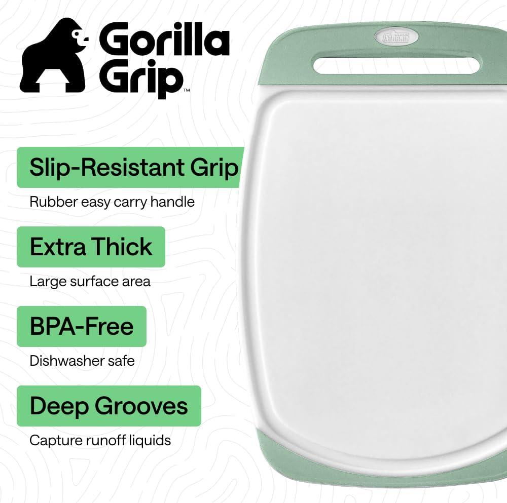 imageGORILLA GRIP BPAFree Reversible Kitchen Cutting Board Set of 3 US Designed Nonporous Juice Grooves Catch Liquid Slip Resistant Border Dishwasher Safe Durable Large Food Chopping Boards BlackGrayMintLight Pink